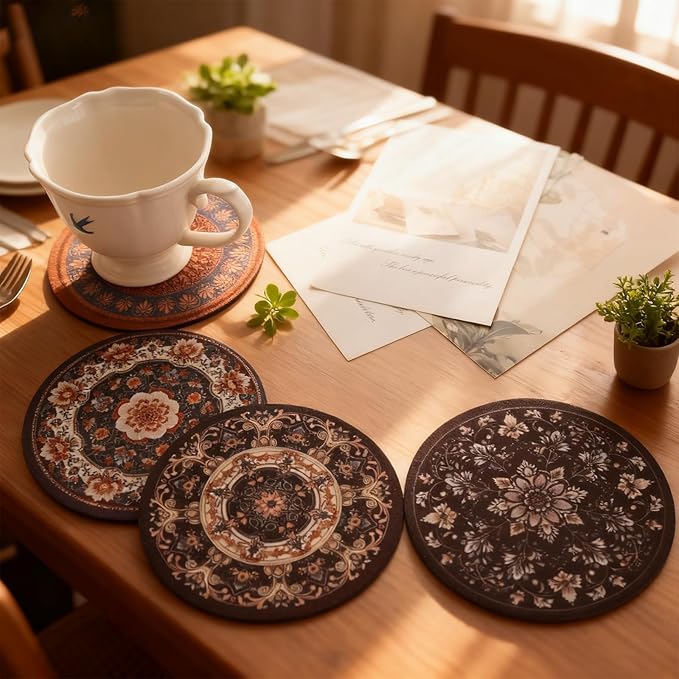 Bohemian Round Coasters Set of 4,Vintage Mandala Coasters for Drinks Absorbent Rubber Drink Coaster for Cup with Non Slip Backing Coffee Table Wine Glass Home Bar 4.7 inch