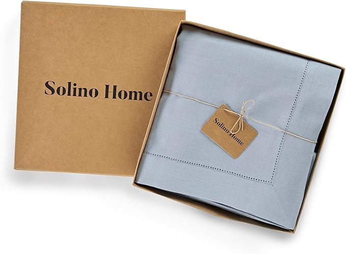 Solino Home Dusty Blue Linen Tablecloth 60 x 120 Inch - 100% Pure Linen Hemstitch Table Cloth for Rectangle Tables - Classic Hemstitch, Machine Washable Tablecloth for Winter, Spring, Easter