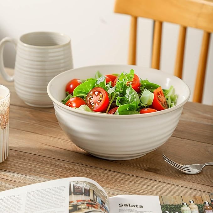 Serving Bowls Set of 2, 60 Ounce Ceramic Large Bowls, Deep Kitchen Bowls for Salad Soup Ramen Pasta Cereal Fruit, Microwave Oven Dishwasher Safe, Ideal for Home Dining & Gifting, Arctic white