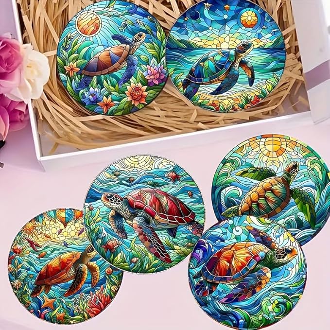 Coasters Set of 8, Wood Coasters for Drinks - Handcrafted Turtle Design Thick Heat-Resistant for Beer, Coffee, Office, Bar, Farmhouse Home Decor, Tabletop Protection, for All Cups