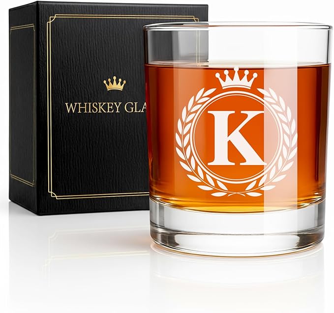 Whiskey Glasses - Rocks Old Fashioned Glass Gifts for Men, Monogrammed A-Z 10oz Personalized Whisky Glasses, Christmas Birthday Gifts for Men Him Dad Father Husband Brother Son (K)