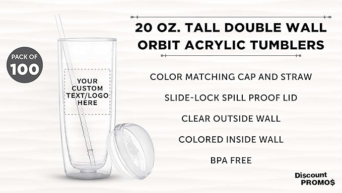 Custom Tall Orbit Acrylic Tumblers 20 oz. Set of 100, Personalized Bulk Pack - Perfect for Iced Coffee, Soda, Other Hot & Cold Beverages - Clear