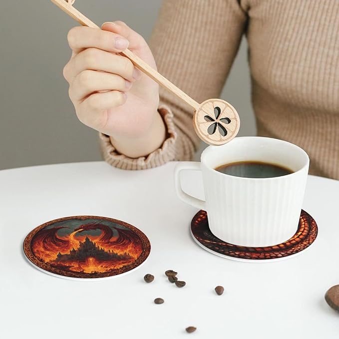 Dragon Coasters for Drinks with Holder Round Leather Coasters Set of 6 Cups Mugs Mat Pad for Home Kitchen Bar