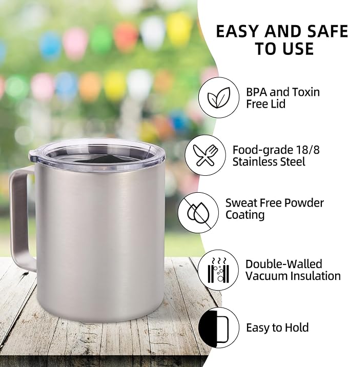 Volhoply 14oz Insulated Stainless Steel Coffee Mug with Lid Bulk 2 Pack,Double Wall Vacuum Travel Coffee Cup with Handle,Reusable Metal Cups Tumbler,Camping Mugs Keep Hot,Ideal Gifts(Silver,2)