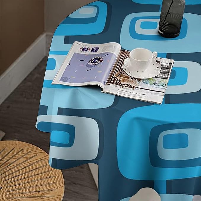Mid Century Boho Round Tablecloth, Blue Mid Century Modern Art Abstract Geometric Pattern Retro Vintage Style Tablecloth for Home Party Dining Room Kitchen Decor 50Inch(127cm)