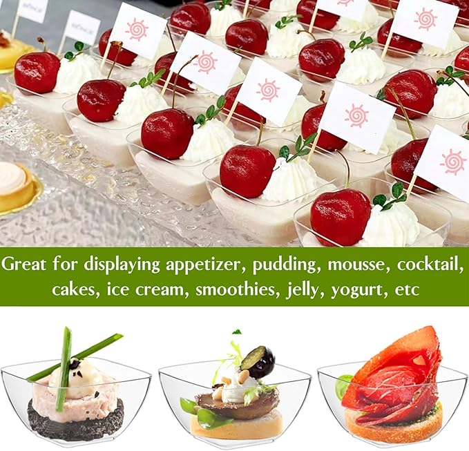 TOFLEN 200ct 2 oz Mini Dessert Cups with Spoons, Clear Plastic Reusable Small Party Serving Cups for Appetizers, Hors D'oeuvres Plates