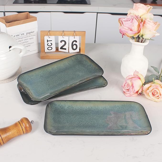 Serving Platters Set of 4, Rectangular Serving Plates, Serving Trays for Entertaining Party, Microwave,Oven,Dishwasher Safe,Kitchen Dinnerware, Blue reactive glaze 12.7 Inch