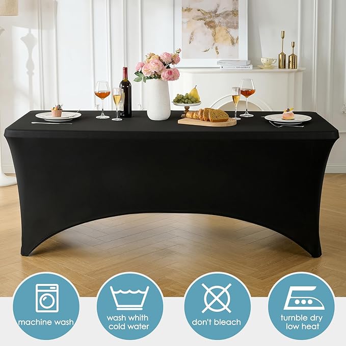 VidaFete Spandex Tablecloth 6 Pack 8FT, Fitted Stretch Table Cover for Rectangle Tables, Wrinkle Resistant and Washable Tablecloths for Outdoor, Picnic, Party, Wedding, Banquet, Birthday, Black