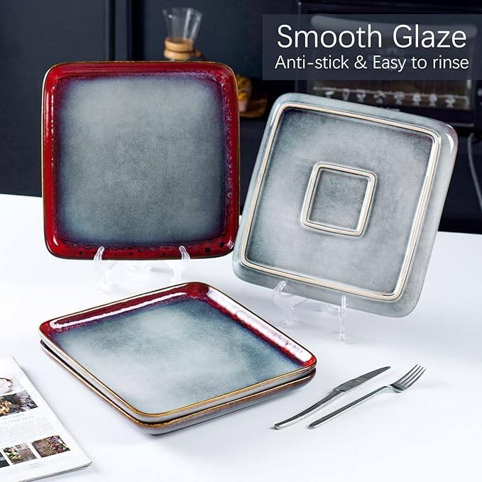 HENXFEN LEAD Square Ceramic Dinner Plates 11 Inch – Large Stoneware Serving Plates Set of 4 for Steak, Pasta & Salad, Microwave & Dishwasher Safe – Reactive Glaze Red
