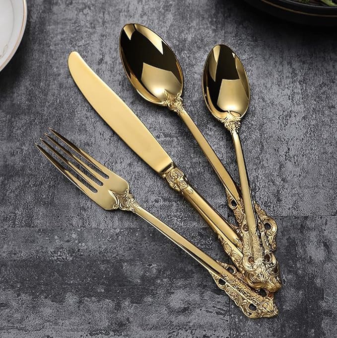 Gold Silverware Set for 12 Durable 18/10 Stainless Steel Flatware Set Palace Style Modern Cutlery Utensils Set 48 Piece Include Knives Forks and Spoons Tableware Set for Home Kitchen Restaurant