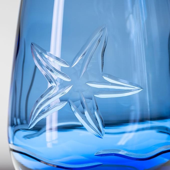 Rolf Glass Starfish Blue Stemless Wine Glass | Set of 2 Stemless Glasses | 15 Ounce Blue Glass Tumblers | Engraved Lead-Free Wine Tumblers | Made in the USA