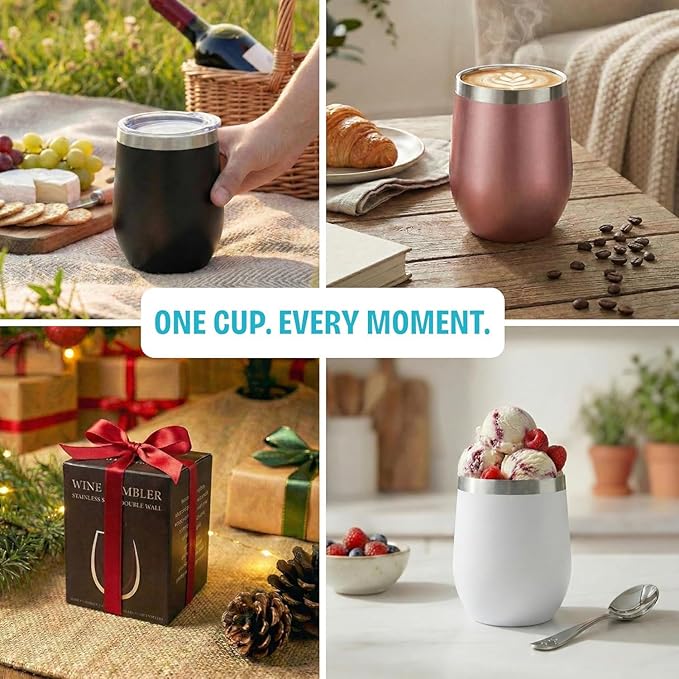 CHILLOUT LIFE 12 oz Stainless Steel Wine Tumblers 4 Pack - Double Wall Vacuum Insulated Wine Glasses Cups with Lids and Straws Set Keeping Cold & Hot for Coffee, Beer, Ice Cream - Dishwasher Safe