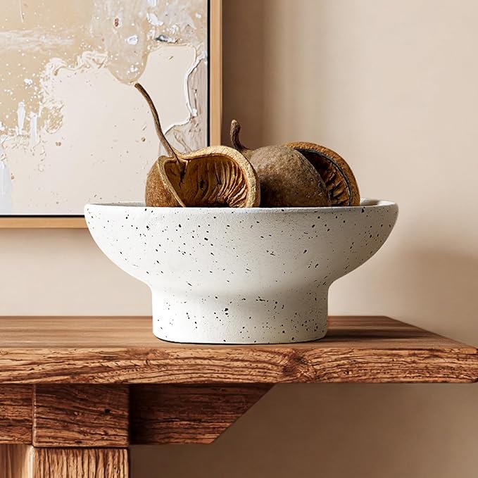 LE TAUCI 10" Ceramic Decorative Bowl, Key Bowl for Entryway, Handcrafted Sturdy Pedestal Bowl, Modern Farmhouse Fruit Bowl for Kitchen Counter, Centerpiece, Speckled White
