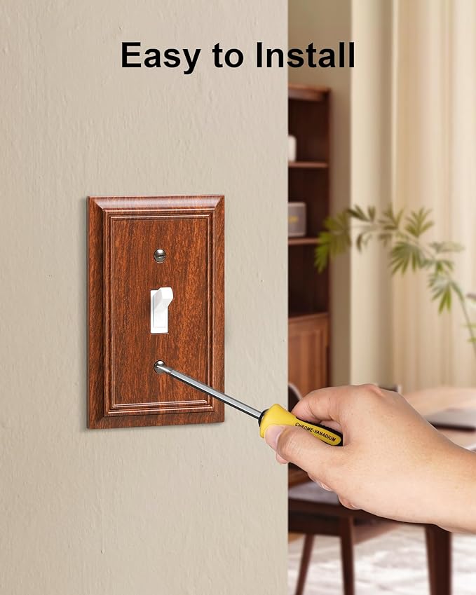 2-Pack Single Toggle Light Switch Cover Plate, Durable Natural Bamboo Fiber Decorative Switch Plate Covers, Wood Grain 1 Gang Wall Plate, Corrosion Resistant