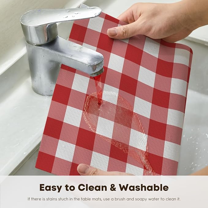 Artoid Mode Buffalo Plaid Vinyl Placemats Set of 4, 12x18 Inch Washable Non-Slip Heat Resistant Plastic Place Mats for Party Dining Table, Red/White