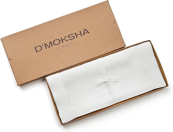 D'Moksha Homes Linen White Table Runner 84 Inches Long - 100% Pure Linen Table Runner 14 x 84 Inch for Valentines, Spring, Easter - Classic Hemstitch