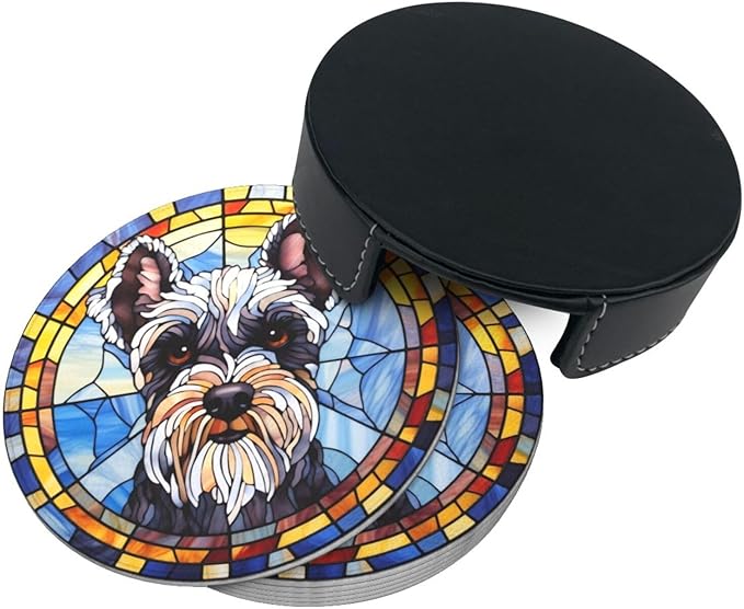 Drink Coaster Set of 6, Schnauzer Dog Mom Lover Gift,Leather Drink Coasters with Holder,6 Pack Cup/Bar/Drink Coasters for Table/Drinks/Coffee Protection Housewarming Gift