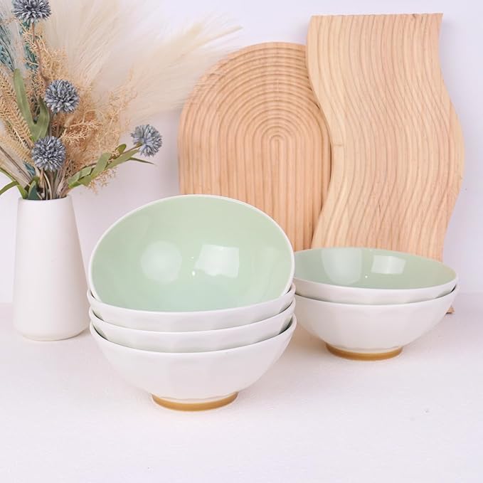 Set of 6 Large Pasta Bowls 29 oz, Green Porcelain 7 inch, Microwave Oven Dishwasher Safe Scratch Resistant