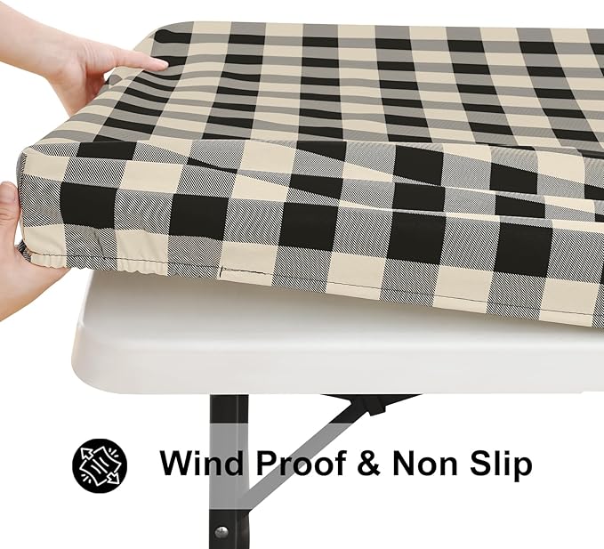 Smiry Rectangle Picnic Table Cloth, Elastic Waterproof Fitted Vinyl Tablecloths, Flannel Backed Buffalo Plaid Table Covers for Dining, Camping, Outdoor (Black and Beige, 30" x 96")