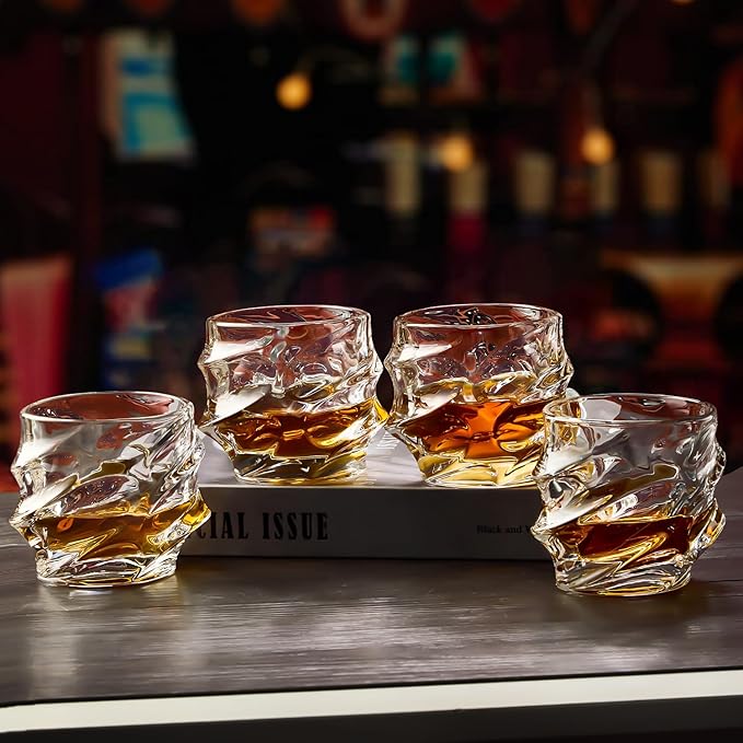 GLASKEY 12 oz Hand Blown Crystal Whiskey Glasses Set of 4, Unique Cognac Glass, Heavy Thick Bottom Bar Glass for Scotch Bourbon Rum Gin Water Cocktail,Gifts Men Gifts Ideas