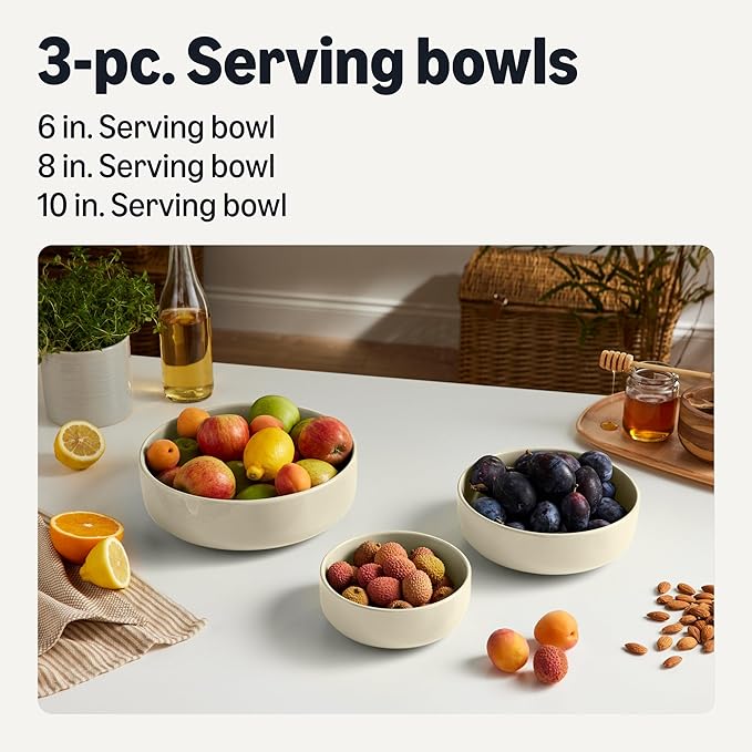 Amazon Basics Glazed Stoneware Serving Bowls, 3-Piece Set, Dishwasher-Safe, Ivory