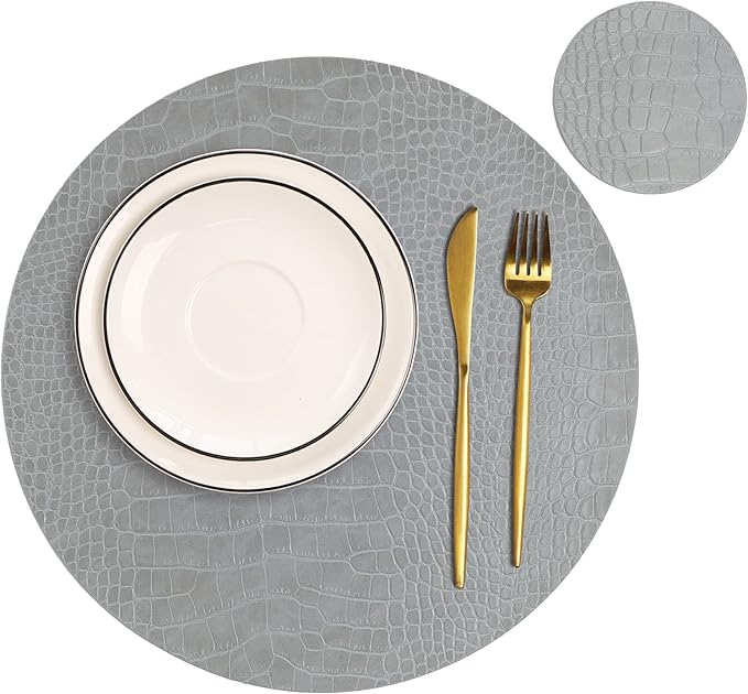Round Leather Placemats for Round Tables Set of 4, Gray Table Place Mats and Coasters, Washable Easy to Care for Indoor Decor 13" Diameter