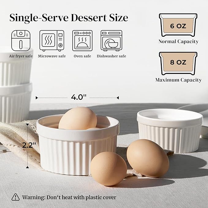 DOWAN Ramekins 8 oz Oven Safe with Lids, Creme Brulee Ramekins Bowls, Porcelain Ramiken Souffle Dishes, Custard Cups for Baking, Small Bowls for Pudding Dip Sauces Charcuterie Dessert, Soft White, Set of 6