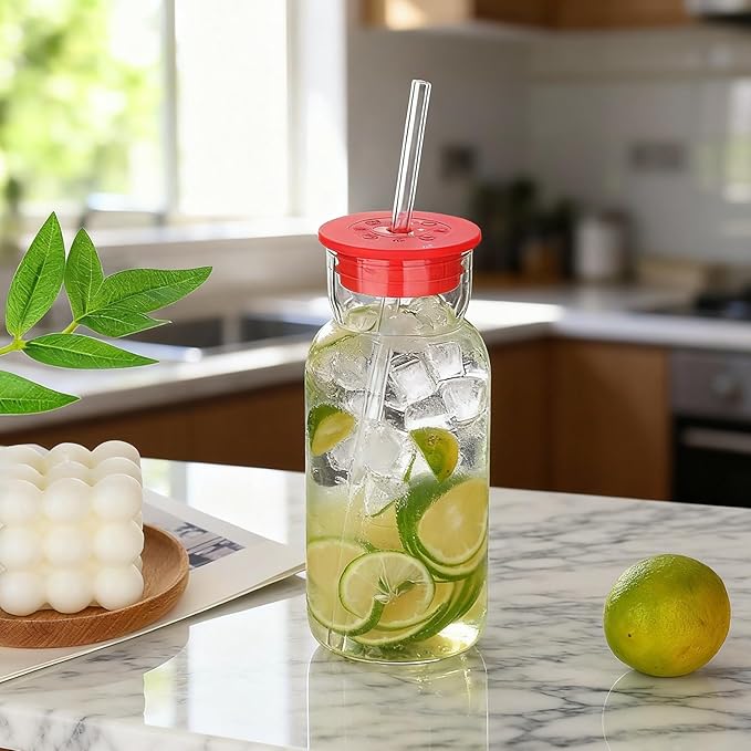 Glass Cup with Silicone Lid and Straw, 23 Oz Drinking Glasses Water Bottle Vintage Glassware for Iced Coffee, Juice, Cocktails, Whisky Tumbler for Gift 1 Pack