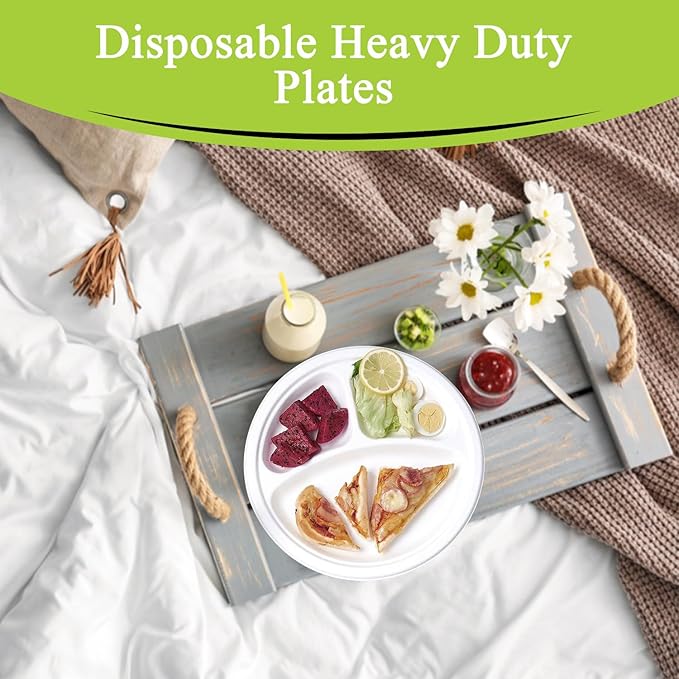 three leaf 10" 3 COMPARTMENT BAGASSE ROUND PLATE, 125 Ct. Heavy-Duty- Super Strong- Natural- Eco-Friendly Disposable Bagasse Plates, 100% Biodegradable 10 inch 3 compartment plates