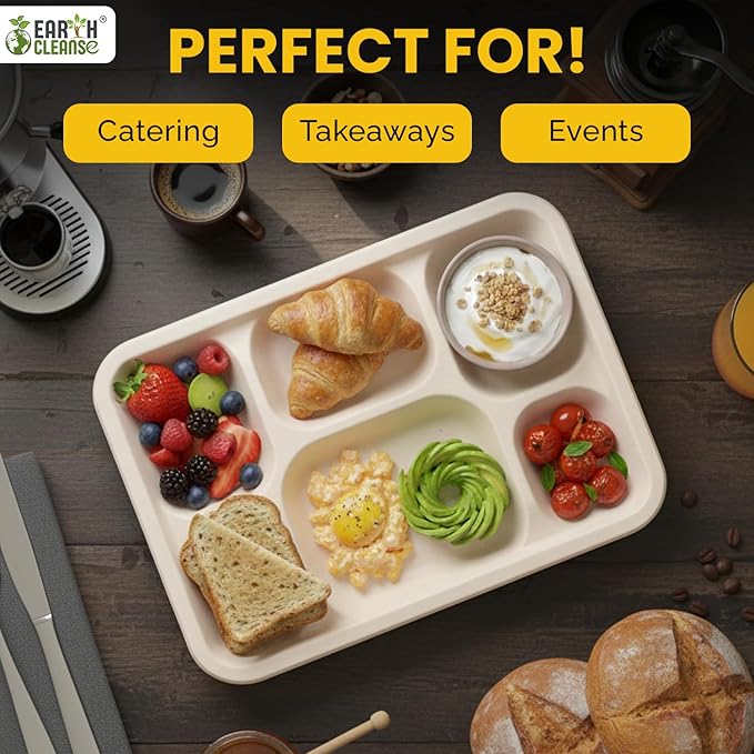 Pack of 250 6-Compartment Deep Meal Tray – Eco-Friendly, Biodegradable, Microwave & Freezer Safe – Ideal for Catering, Takeaway & Events – Bulk Pack – Sustainable Disposable Tableware