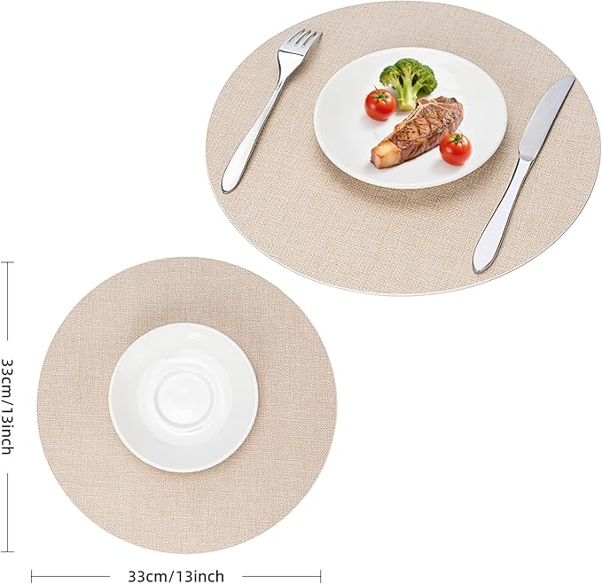 Round Wipeable Placemats Set of 6 – Faux Leather Round Table Mats, Waterproof & Washable Vinyl Placemats, Circle Design for Dining Table Decor– Ivory Beige