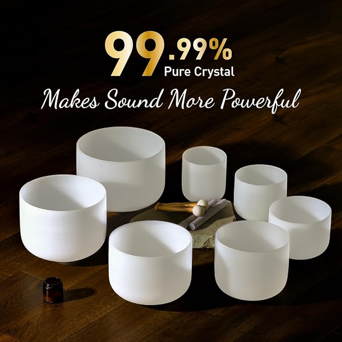 CVNC 432HZ 6-12 Inch Set Of 7 PCS Frosted Chakra Quartz Crystal Singing Bowls for Sound Healing with 2 PCS Travel Carry Case Bag