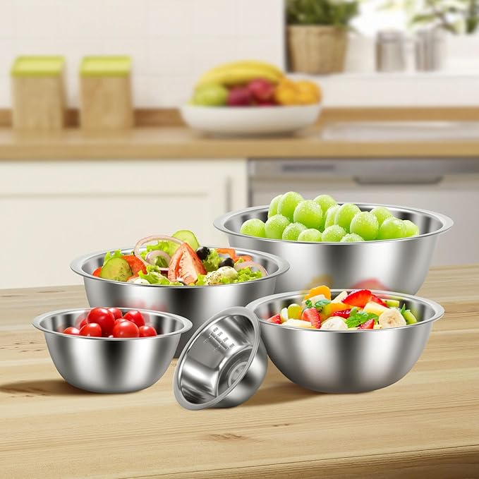 10 Pack Stainless Steel Bowls ，Nesting Mixing Bowl Set with Scale Marks, 5 Different Size (4.5, 3,2,1.5,0.7QT) Baking Bowls Mixing Set for Kitchen Food Storage, Cooking, Baking (10)