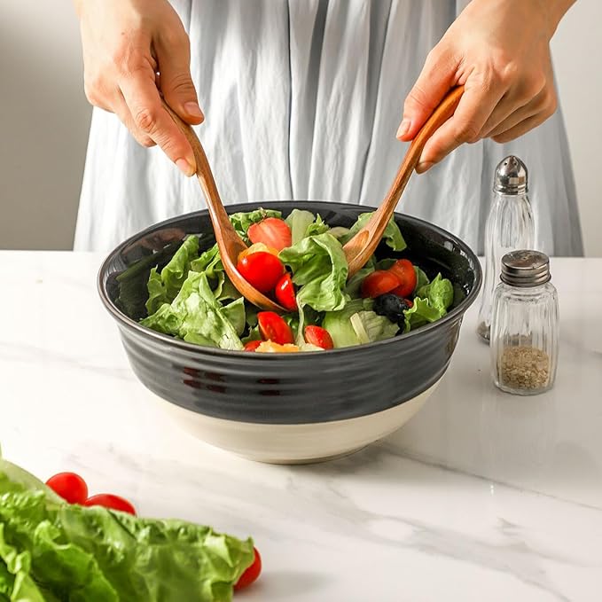 HASENSE Porcelain Serving Bowls, 60 oz Salad Mixing Bowls Set of 2, 8.5 Inch Large Serving Dishes for Entertaining, Perfect for Salad, Soup, Pasta, and More, Dishwasher Microwave Safe, Black