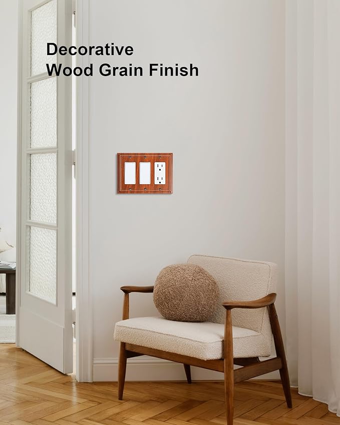 2-Pack Decorative Tripple Decorator Outlet Cover Plate, Durable Natural Bamboo Fiber Wood Grain Wall Plates for Electrical Outlets, Receptacle, GFCI Outlet, Dimmer Switch, 3-Gang, Corrosion Resistant