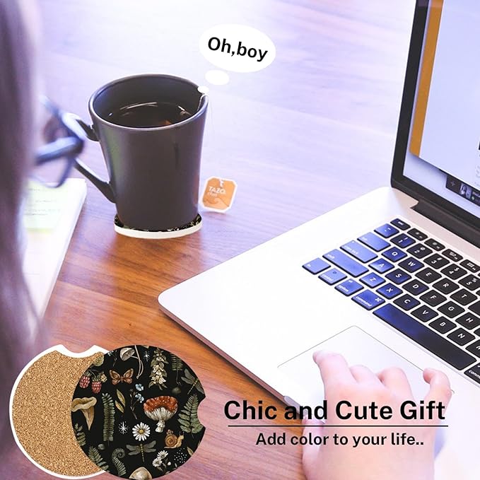 2 Pack Woodland Mushroom Car Coasters for Cup Holders Absorbent 2.56", Vintage Moth Witch Floral, Decoration Flower Wood Fern Leaf Herbs Botanical Ceramic Drink Coasters Cork Base Gift for Women Men