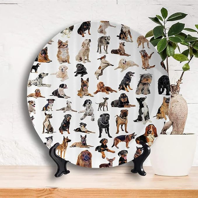 Decorative Plates, Dog Lover Print Ornament, Austratlian Shepherd Pet Italian Mastiff, 10 Inch, 1 Plate with 1 Display Stand, Brown Black