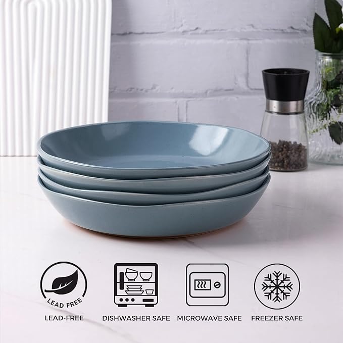 AmorArc 9.5'' Ceramic Large Pasta Bowls, 38oz Handpainted Stoneware Bowls Set of 4, Microwave&Dishwasher Safe Bowls with Wavy Rim&Rustic Terracotta Underside for Fruit Pasta Salad, Stone Blue