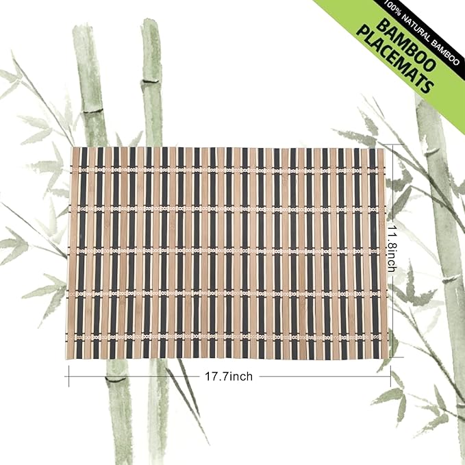 ANDSTAR Set of 8 Bamboo Slats Placemat Modern Placemats Natural Anti-Slip Bamboo Placemats Washable Heat-Resistant Table Mats for Kitchen Dinning Room Table Decor(Black)