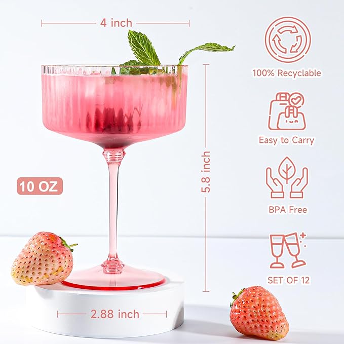 XUWAIDSGN 12 Pcs Champagne Martini Glasses 9 Oz with Gilded Removable Gold Rim Coupe Glasses Pink Martini Glasses Plastic Mimosa Vintage Coupe Glasses Set For Wedding Anniversary (12, Ribbed Pink)