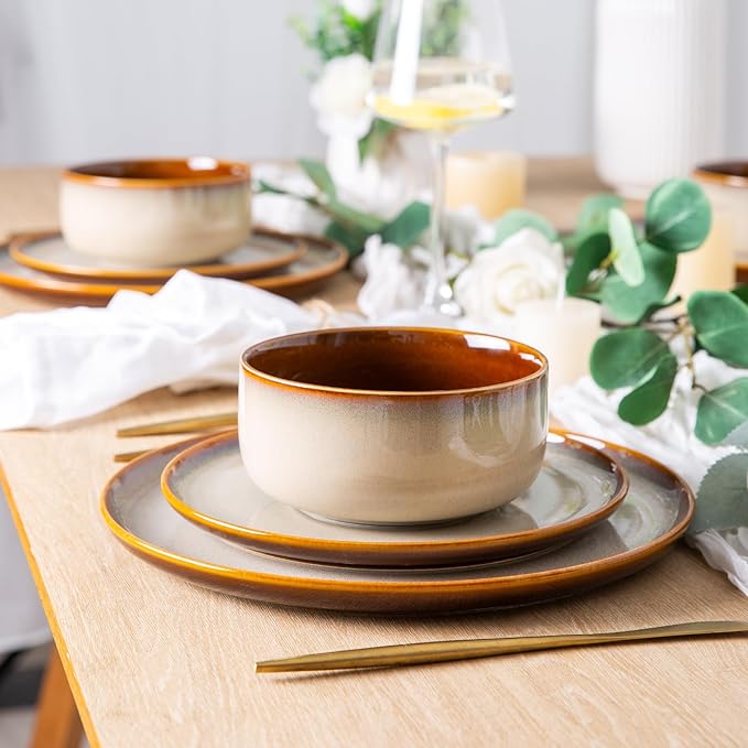 LeRatio Ceramic Dinnerware Sets for 6,Poreclain Plates and Bowls Sets,Handmade Reactive Glaze Dishes Set,Chip Resistant and Scratch Resistant | Oven&Dishwasher & Microwave Safe)-Kahki(18PCS)