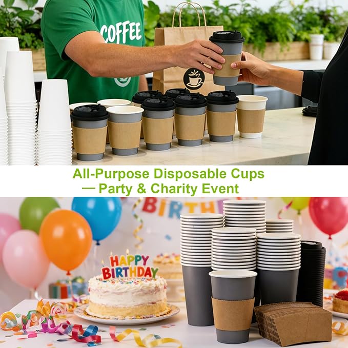 100 Pack 16 oz Disposable Coffee Cups with Lids and Sleeves, To Go Coffee Cups with Lids, Leak-Proof Hot Coffee Cups, PLA Gray Paper Coffee Cups for Hot Beverage
