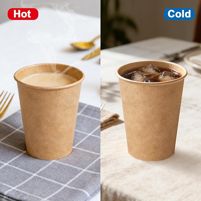 200 Pack 10 oz Kraft Paper Cups, Disposable Paper Coffee Cups, Brown Unbleached Drinking Cups for Hot/Cold Beverage, Home, Party, Cafes, Office, Bistros, Businesses