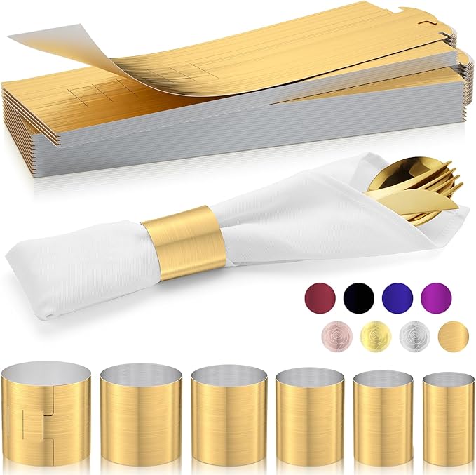 Christmas Napkin Rings Set of 100, 2 Colors in 1, Reusable Adjustable Napkin Bands for Holiday Parties, Wedding, Thanksgiving Table Decor, Waterproof Tear-Proof (Brushed Gold) Great Gift Idea