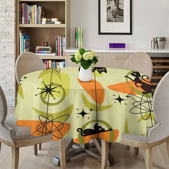 Mid Century Black Cat Round Tablecloth, Vintage Modern Bohemian Abstract Geometric Retro Art Tablecloth for Home Party Dining Room Kitchen Decor 70Inch(178cm)