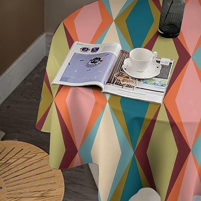Abstract Geometric Boho Round Tablecloth, Retro Modern Mid Century Tablecloth for Home Party Dining Room Kitchen Decor 60Inch(152cm)
