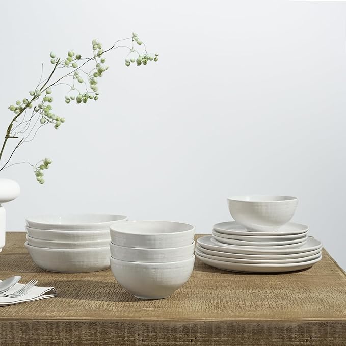 Famiware Moonlight Plates and Bowls Sets, 12 Pieces Stoneware Dinnerware Sets with Linen Finish, Handmade Dishware Set for 4, Microwave and Dishwasher Safe, Chip and Scratch Resistant, White