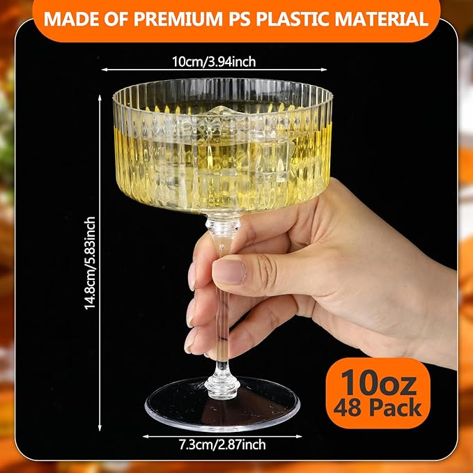 48 Pcs Ribbed Martini Glasses 10 oz Disposable Plastic Vintage Ribbed Coupe Glasses Unbreakable Dessert Parfait Glassware for Wedding Birthday Party Supplies (Clear)