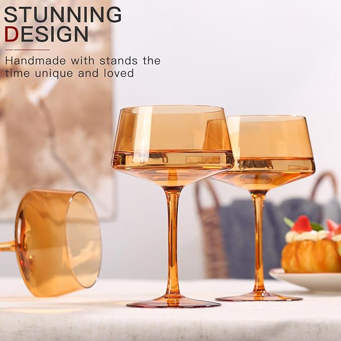 Hand Blown Colored Coupe Glasses Set of 6-13oz large Crystal Martini, Cocktail & Champagne Glasses -Cute & Colorful Cocktail Glassware-Perfect for Bar, Cocktails, Martinis-Wedding Gifts