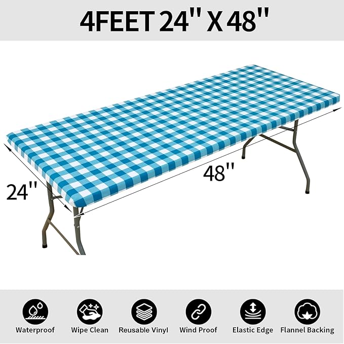 Smiry Rectangle Picnic Table Cloth, Elastic Waterproof Fitted Vinyl Tablecloths, Flannel Backed Buffalo Plaid Table Covers for Dining, Camping, Outdoor (White and Turquoise, 24" x 48")